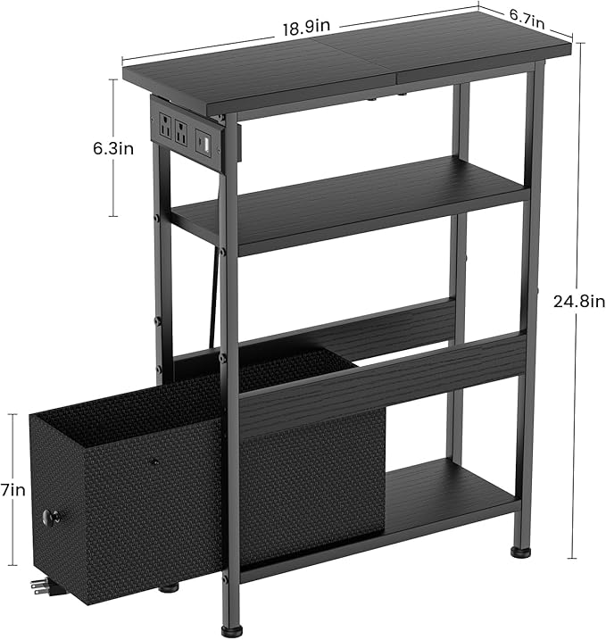 Narrow Side Table with Charging Station and LED Light, Small End Table with 1 Fabric Drawer, Skinny Nightstand with USB Ports & Type-C, Slim Side Table for Bedroom, Living Room, Black