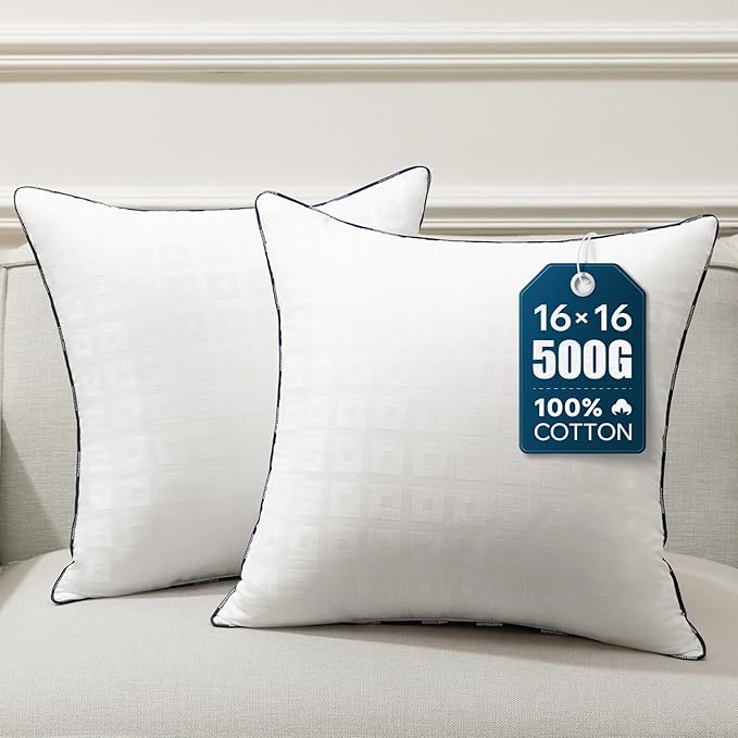 Phantoscope 16x16 Pillow Inserts, Decorative Throw Pillow Inserts with 100% Cotton Jacquard Cover, Virgin Fiber Pillow Sham Stuffer, Square Couch Cushion Pillows, Pack of 2, 16x16 Inch