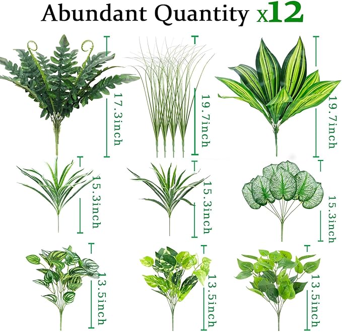 12 Bundles Large Outdoor Artificial Plants UV Resistant Fake Greenery Stems Faux Plastic Leaves Bushes for Front Porch Outside Patio Garden Yard Home Decor