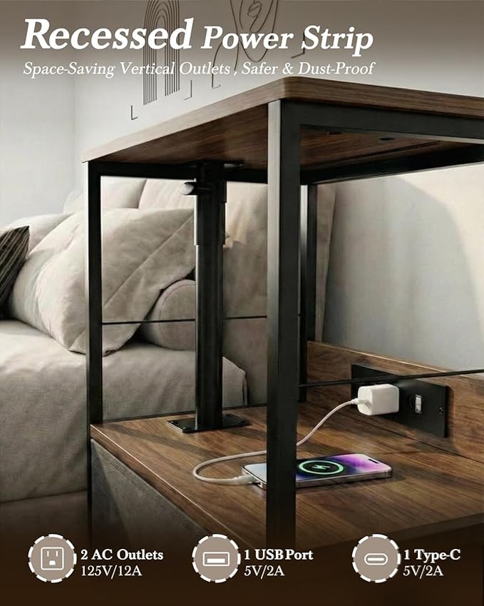 360° Swivel Nightstand with Height Adjustable, Lift Top Bedside Table with Charging Station, Rolling Night Stand with Fabric Drawer, End Table with Wheels, for Bedroom, Living Room, Walnut Gray