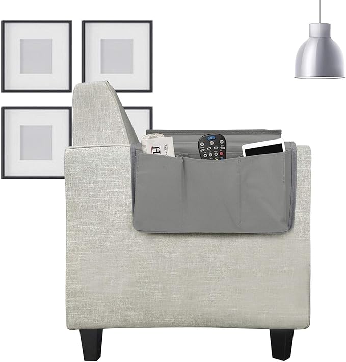 Sofa Armrest Organizer with Top Tray for Couch Recliner, 5 Pockets TV Remote Control Holder Foldable Armchair Bedside Caddy Organizer Storage Bag for Magazines Cellphone Drinks Snacks Tea Cup (Grey)