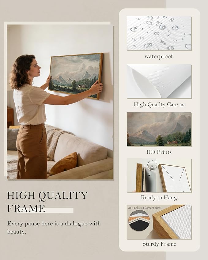 SHENIFY 20x40in Extra Large Vintage Framed Wall Art Country Village Landscape Painting Retro Mountain Meadow Scenery Farmhouse Bedroom Above of Bed Living Room Decor - Natural Framed