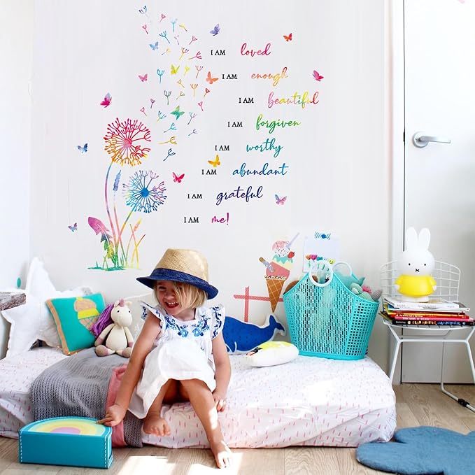 HLNIUC Large Dandelion Inspirational Saying Wall Sticker Butterfly Positive Affirmation Wall Decal Flora Motivational Quotes Peel and Stick Wall Stickers Flower Inspiring Wall Decal for Girl Bedroom