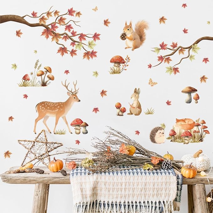 HLNIUC Autumn Forest Animal Double Sided Wall Decal(35”x24”) Cute Deer Rabbit Squirrel Cartoon Wall Sticker,Fall Maple Leaf Forest Theme Art Decal,Fall Jungle Animals for Kids Room Nursery