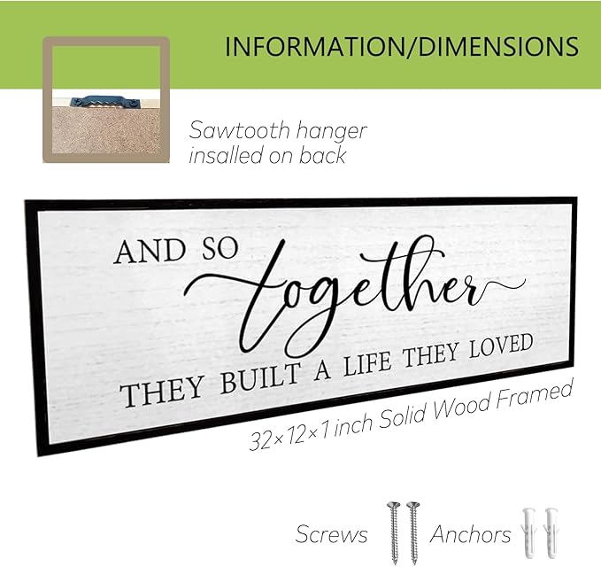 And So Together They Built A Life They Loved Wall Decor 32”X12” Rustic Master Bedroom Large Wood Framed Sign Above Bed Modern Farmhouse Quotes Couple Wall Art Over Bed Hanging Decoration (Black)