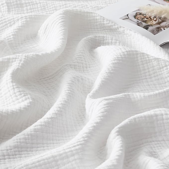 WDCOZY Muslin Blanket 100% Cotton Blankets Twin Size 4-Layer Breathable Lightweight Soft for Couch Bed Boho Farmhouse Linen Tassels Ruffle Gauze Blankets All Season for Adults 60x80 Inches White