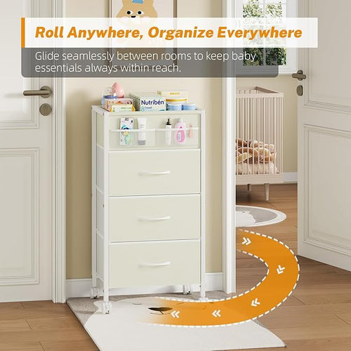 4-Tier Baby Diaper Caddy Organizer Cart with 3 Storage Drawers, Rolling Cart with Dividers & Side Pockets for Nursery, Baby Essentials, Toys, Wipes & Creams, Portable Baby Storage Cart & Station