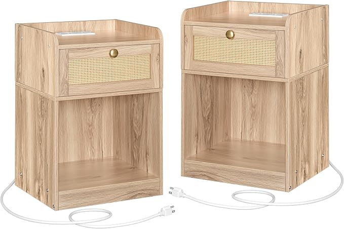Rattan Nightstands Set of 2 with Charging Station, Boho Nightstand, Rattan Bedside Tables with Drawer, Storage Side Table with 2 USB Ports, Bedroom, Natural MBZ01UP2WO