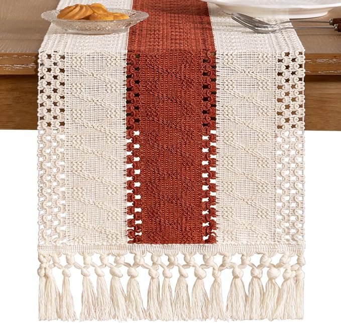 Socomi Boho Table Runner Easter Spring Farmhouse Rustic Dining Kitchen Centerpiece Macrame Woven Cotton Linen Coffee Table Runner for Dresser Scarf Home Decor 12x72 inch Terracotta Ivory