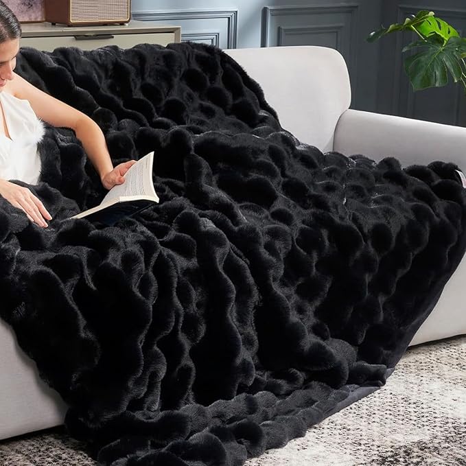 Luxury Double-Sided 3D Bubble Faux Fur Blanket, Ultra Plush Cozy Throw for Couch, Sofa & Bed, Premium Soft Gift Blanket for Women & Men, Neutral Colors,