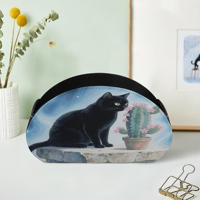 Black Cat Cactus Remote Control Holder Organizer Box with 5 Compartment PU Leather Bedside Storage Caddy Remote Organizer for Controller Media Player Pen/Pencil Storage