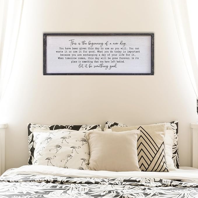 Surfapans This Is The Beginning Of A New Day Office Wall Decor 40"x15" Large Farmhouse Inspirational Wood Framed Art Sign Motivational Inspiring Positive Quote Decoration (Black)