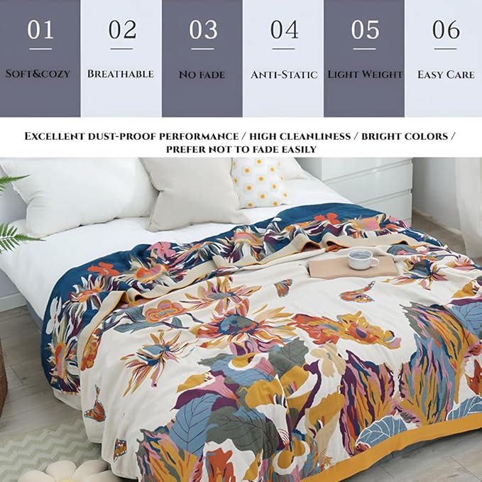 Boho Blanket for Bed 100% Cotton Bohemian Throw Blankets Ultra Soft Woven Muslin Decorative Blankets All Seasons Vintage Quilt Knitted Blanket for Sofa Chair (Colorful, 80"x90")