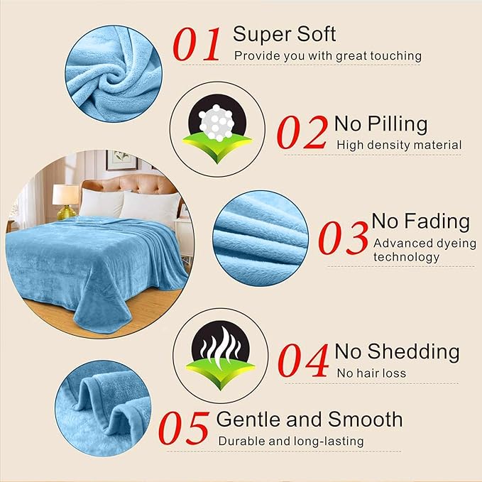 Fleece Blankets for All Season - Premium Lightweight Anti-Static Throw for Queen/Full Size Bed Extra Soft Brush Fabric Warm Sofa Thermal Blanket 90" x 90"(Washed Blue)