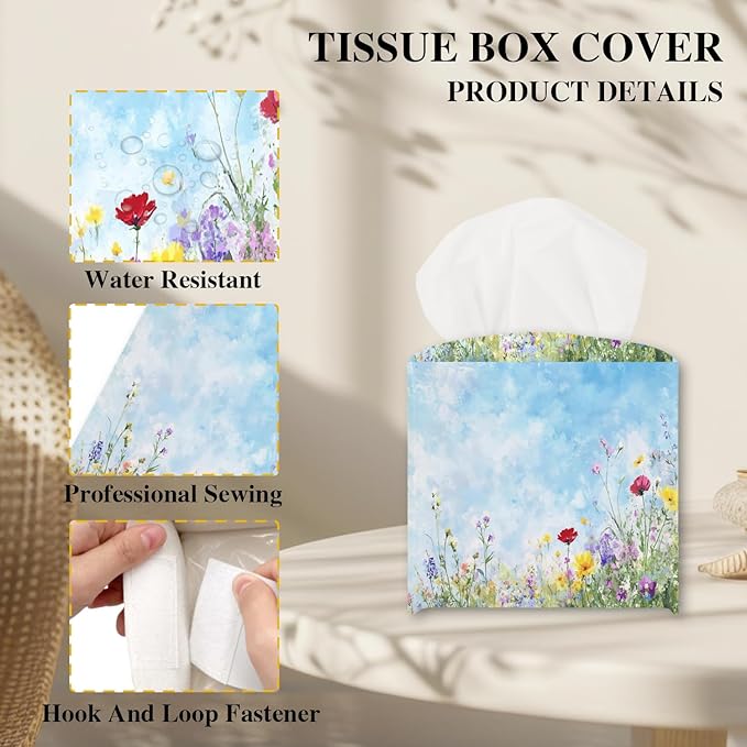 Flowers Tissue Box Cover, Blue Tissue Holder Square with Bottom Belt for Home Bathroom Office Vanity Countertop, Housewarming Gifts Ideas for Women Friends Mom Bestie -09
