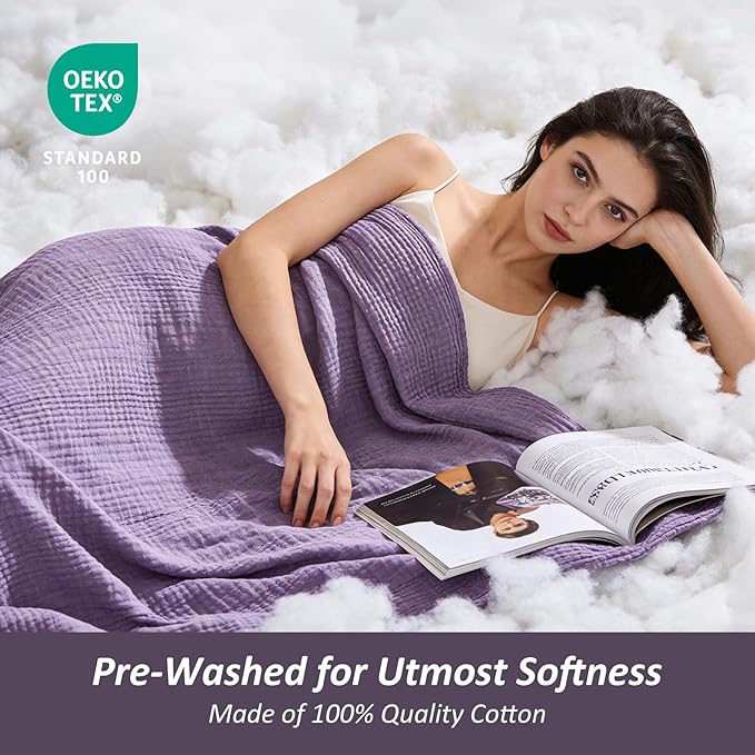 EMME Cotton Muslin Large Throw Blanket Couch Breathable Gauze Soft Lightweight Bed Blankets Adults (Heather Purple, 50"x70")
