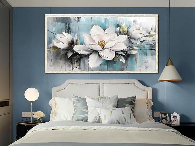 Ardemy Magnolia Wall Art Framed Canvas Wall Decor Living Room, White Floral Picture Wall Decor Teal Painting Flower Textured Large Artwork for Bedroom Dining Room Home Office 48"x24"