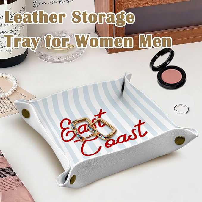 Coastal Cowgirl East Coast Jewelry Valet Tray for Women, Coastal Chic Beach Decor PU Leather Catchall Beside Caddy Nightstand Organizer Tray for Rings Watches Keys Accessories, 7.87x7.87in
