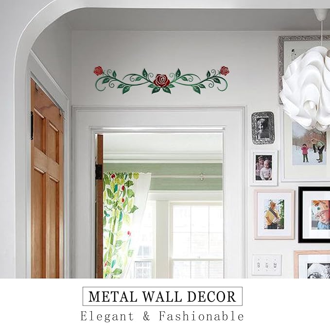 AHYS Metal Flowers Wall Decor Rustic Flat Rose Vine Wall Art for Farmhouse Home Living Room Bedroom for Above Door /Bed /Windows Decor (Green & Red) - 29x6.3 Inches
