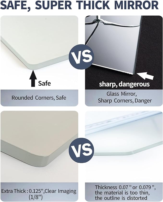 Kids Safety Shatterproof Mirror for Wall, Plastic Mirror Wall Mounted, Made of Unbreakable Acrylic Non-Glass, Thick 1/8",1Pcs 8"x8", Great for Bedroom Door Closet, Kids' Rooms Mirrors