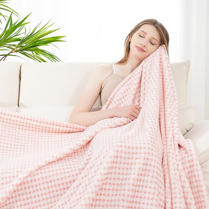 Zyrah Pink and White Fleece Twin for Couch Super Soft Twin Blanket Plaid Lightweight Decorative Fuzzy Cozy Blankets for Sofa Chair Bed 60x80 Inches