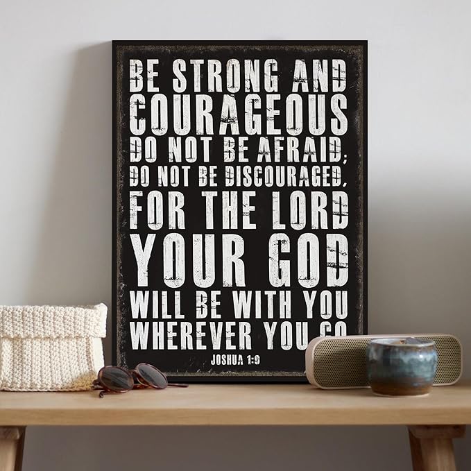 Retro Christian Wall Art Be Strong and Courageous Bible Verses Wall Decor Scripture Canvas Prints Art Religious Inspirational Words Sign for Office Bathroom Bedroom Rustic Christian Home Decor 12x16