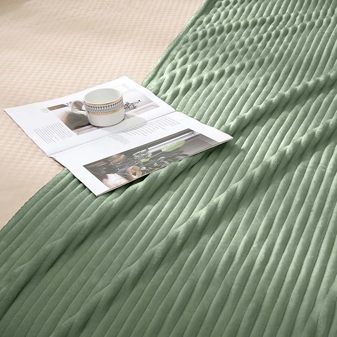 Vessia Flannel Fleece Twin Size Blanket for Bed,Couch,Sofa(60x80inch), 300GSM Microfiber Sage Green Striped Bed Blanket for Adults, Super Soft Warm Cozy Lightweight Ribbed Home Decor for All-Season