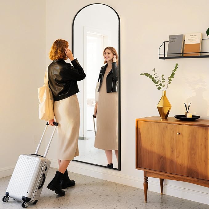 NEWBULIG Arched Full Length Mirror 59.2"x16" for Bedroom, Full Body Mirror with Stand, Hanging or Leaning for Wall, Aluminum Alloy Thin Frame Floor Standing for Living Room, Tall, Black