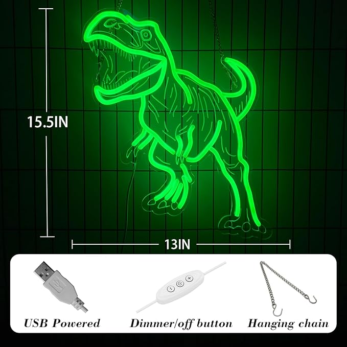 Dinosaur Neon Sign for Wall Decor, USB Dimmable Green LED Night Light for Boys Bedroom, Jurassic Party Decorations, Birthday, Halloween and Christmas Gift, 15.5 x 13 inch