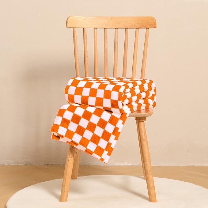 FY FIBER HOUSE Checkered Flannel Fleece Throw Blanket Soft Cozy Checkerboard Grid Print Chessboard Gingham Pattern Blankets for Bed Couch Sofa, 60"x80", Orange