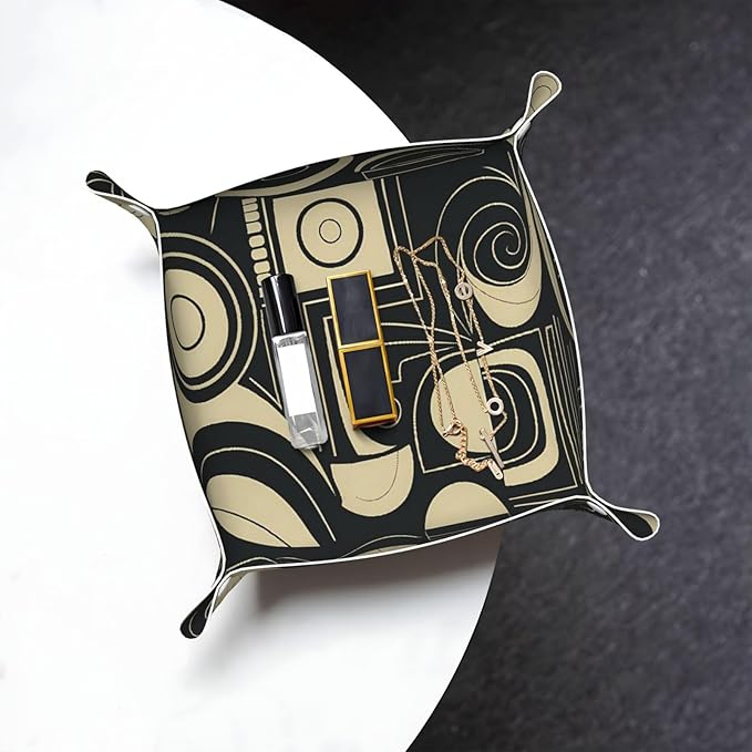 Modern Abstract Beige Black Pattern Tray Men's Leather Valet Parking Portable Entrance Trays Bedside Storage Box