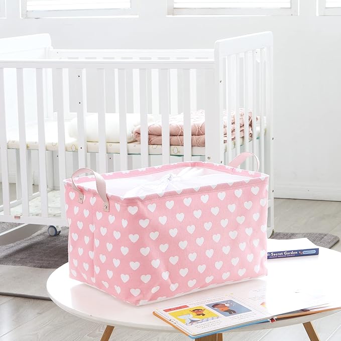 Hinwo 2-Pack Large Canvas Fabric Storage Basket with Handles, 33L/8.6-Gal Rectangle Bin, Collapsible Storage Box, Clothes, Toys, Blankets Organizer, 16.5 x 12 x 10 Inches (L, Pink Heart)