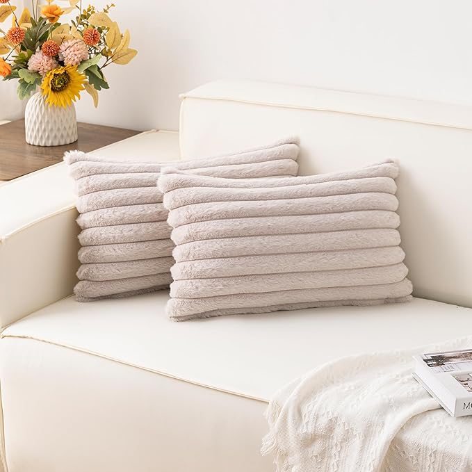 Aegero Pack of 2 Faux Fur Christmas Throw Pillow Covers 12x20 Inch, Soft Plush Striped Neutral Couch Pillow Cover, with Velvet Back Modern Home Decor for Sofa Living Room Couch Bed Light Grey