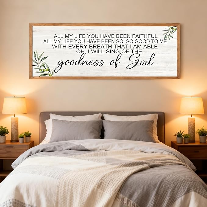 Goodness of God Christian Wall Decor: 40x15 Inch Large Framed Christian Inspirational Wall Art, Religious Scripture Quote Wooden Sign, Black Frame Christian Home Decor for Living Room Bedroom, Natural