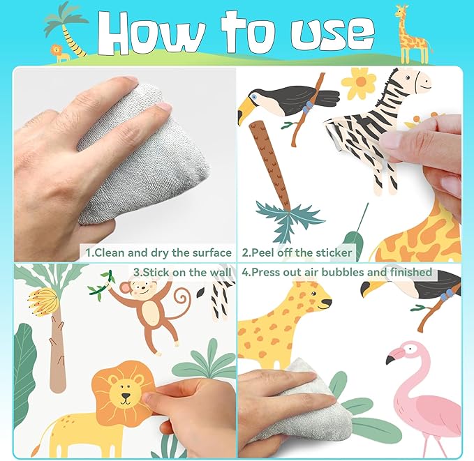 Animals Wall Decals - 4 Sheeets 26 Pcs Cute Jungle Theme Wall Decor Peel and Stick Elephant Giraffe Lion Safari Wall Stickers for Kids Nursery Playroom Bedroom Living Room Décor