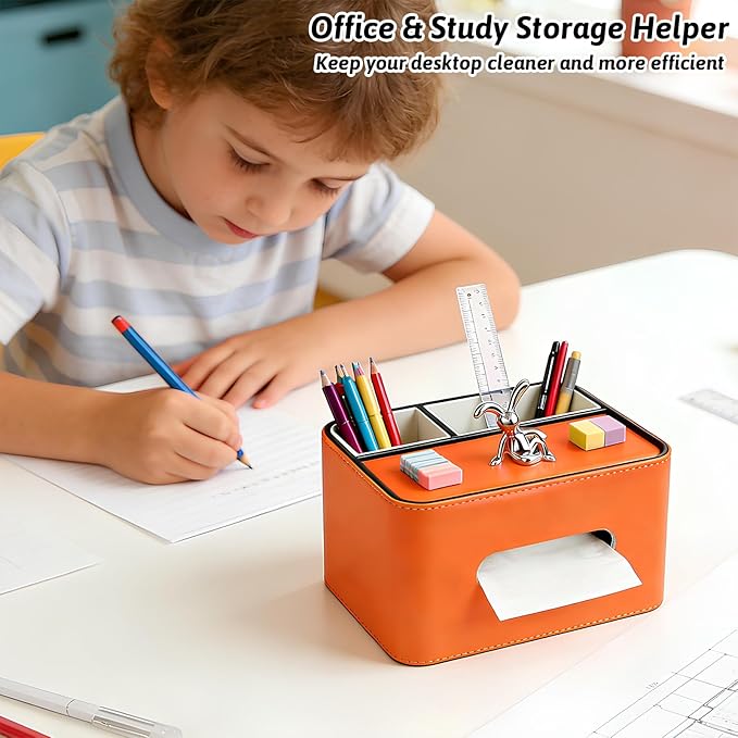 PU Leather Tissue Box Cover Square - Multifunctional Tissue Box Holder with Storage, Tissue and Remote Control Holder Organizer with Compartments for Bedroom Nightstand, Desk, Living Room (Orange)