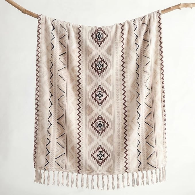 CASAAGUSTO Boho Throw Blanket - Beige and Gray Decorative Blankets with Tassel, Printed Flannel Bohemian Blanket for Chair, Bed, Sofa, Couch(50 * 60, Beige and Gray)