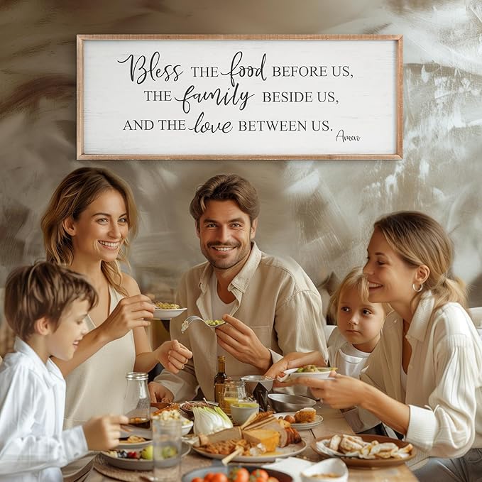 Bless The Food Before Us Home Decor Wall Sign For Family Kitchen Farmhouse Dining Room Vintage Rustic Retro Boho Wood House Wall Art Decoration For Living Room Bedroom 40 x 15 Inch brown
