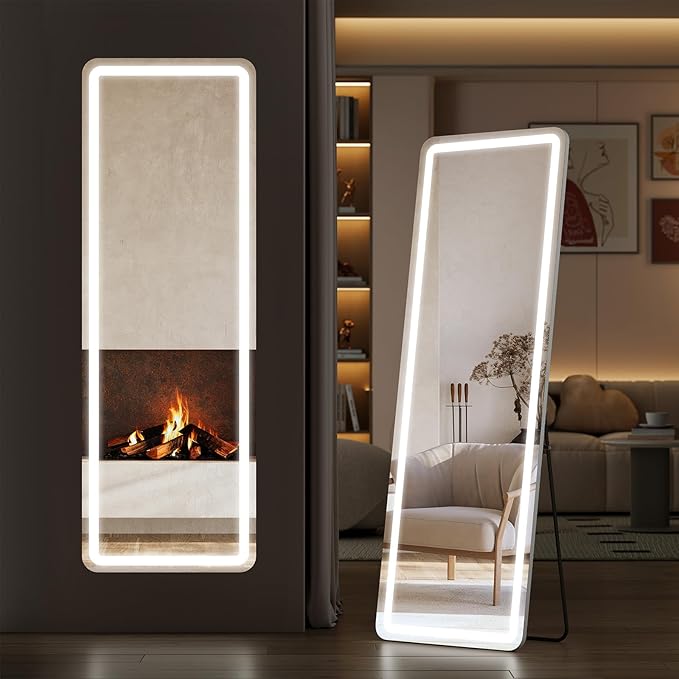 Sweetcrispy Full Length Mirror with LED Lights, 61"x17" Lighted Floor Mirror with Dimming & 3 Color Lighting, Stand for Bedroom, Dressing Room