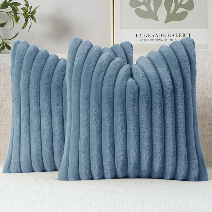 MIULEE Faux Fur Decorative Throw Pillow Covers 20x20 Inch Set of 2, Coastal Modern Art Spring Home Decor Soft Plush Couch Pillows Cozy Fluffy Cushion Covers for Sofa Bed Grey Blue