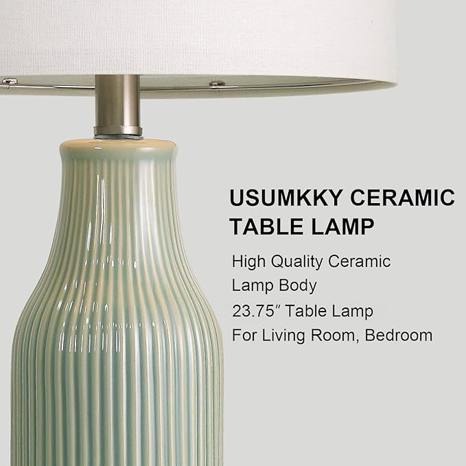 23.75" Modern Green Ceramic Table Lamp Set of 2 for Living Room, Farmhouse Bedside Nightstand Lamp for Bedroom Home Office Dorm