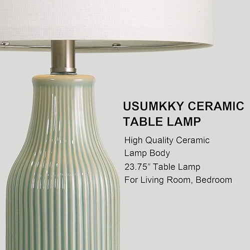 23.75" Modern Green Ceramic Table Lamp Set of 2 for Living Room, Farmhouse Bedside Nightstand Lamp for Bedroom Home Office Dorm