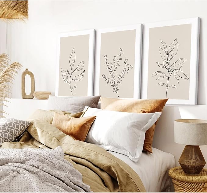 Botanical Wall Art Decor Neutral Wall Decor Boho Beige Canvas Wall Art Botanical Minimalist Pictures Botanical Neutral Prints Beige Posters Boho Artwork for Room Bedroom 12x16x3 Inch Framed