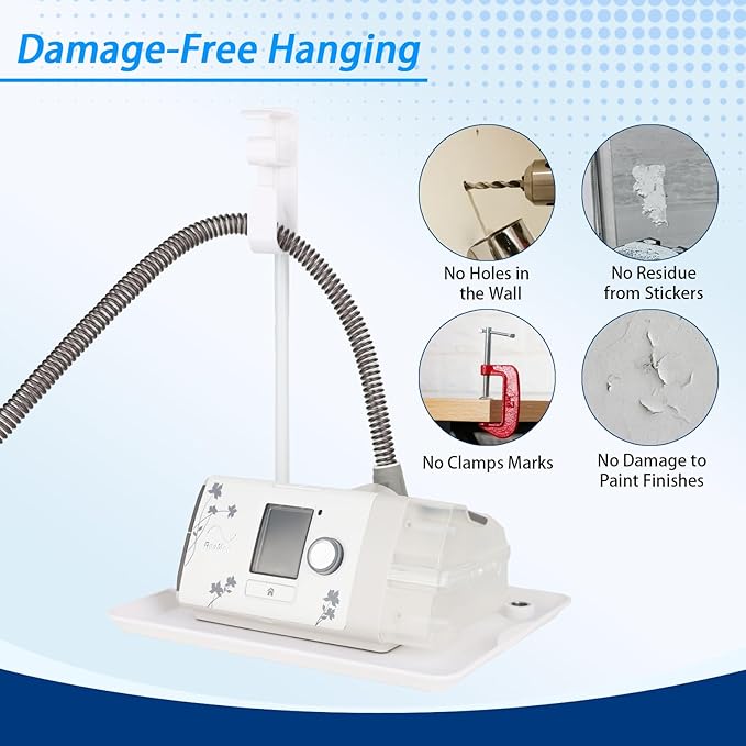 Bedside Retractable CPAP Hose Holder - (Wall-Damage-Free) White Adjustable Height Hook for Hanging Mask & Tubing to Keep CPAP Supplies Tidy & Boosts Sleep Quality
