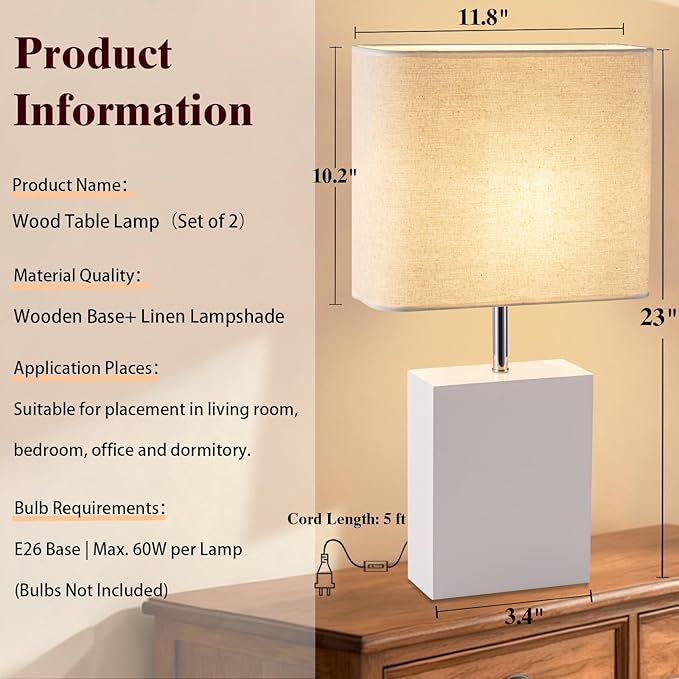 lapupu 23" Wood Table Lamp Set of 2 for Living Room, Modern Bedside Lamps for Bedroom, Large Farmhouse Nightstand Lamp, Desk Lamps for End Table Home Decor, White