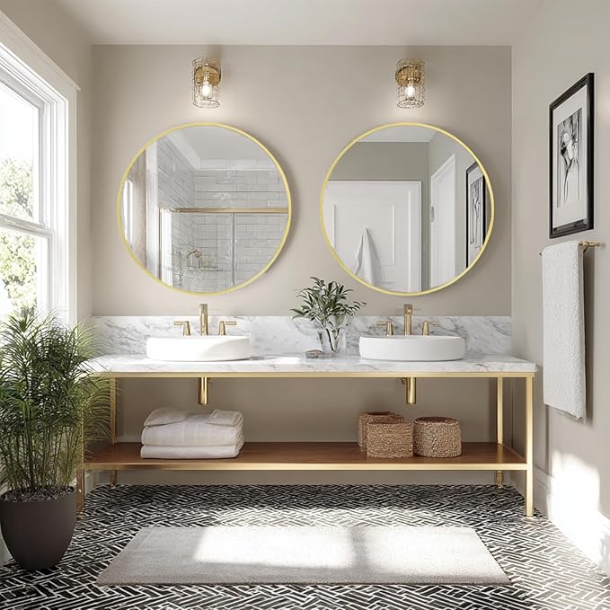 Gold Round Mirror 24 inch, 2 Pack Gold Circle Mirror, Round Bathroom Mirrors Metal Frame for Bathroom, Bedroom, Living Room, Hallway.
