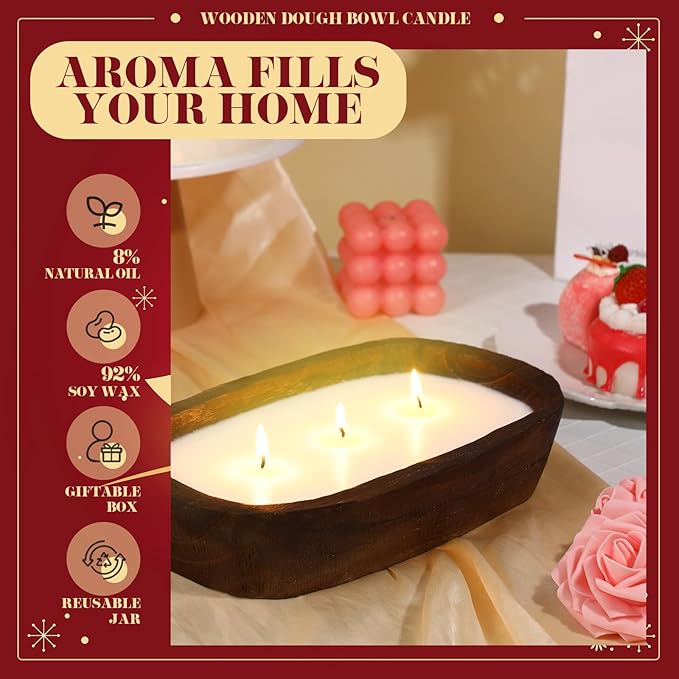 Threlaco 1 Pack 10 Inch Wood Dough Bowl Candles Home Rustic Dough Bowl Soy Candle 3 Wick Scented Candles Gifts for Men Women Farmhouse Table Centerpiece Home Decor for Christmas(Apple Cinnamon)