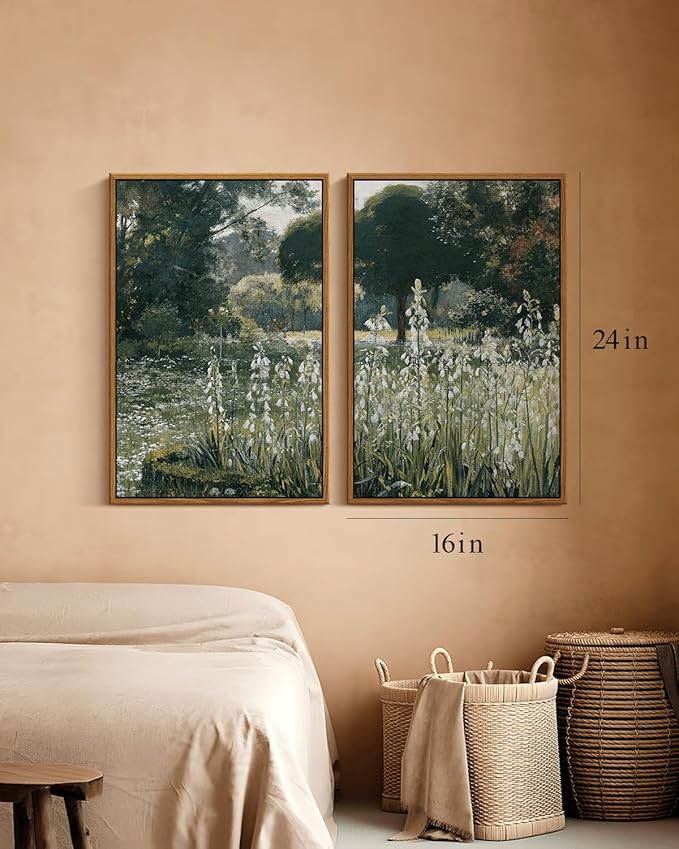 InSimSea 2 Pcs Framed Wall Art Vintage Decor, Vivid Greens Countryside Paintings Above Bed Wall Decor, Canvas Prints, Living Room,Bedroom,Office Retro Farmhouse Decorations, 16x24inch, Set of 2