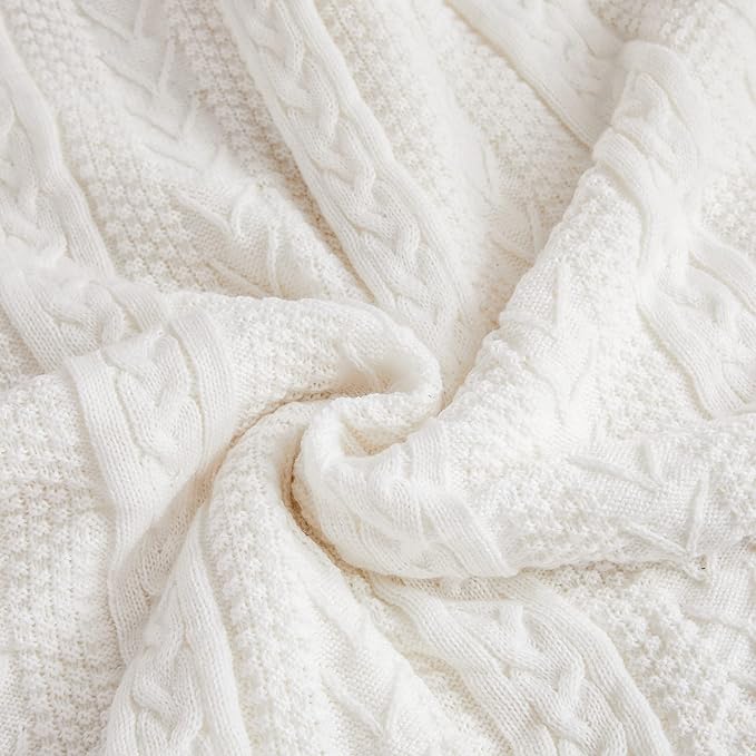 Longhui bedding Acrylic Cable Knit Sherpa Throw Blanket – Thick, Soft, Big, Cozy Ivory White Knitted Fleece Blankets for Couch, Sofa, Bed – Large 50 x 63 Inches Ivory White Coverlet All Season