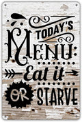 QIONGQI Funny Kitchen Quote Metal Tin Sign Wall Decor Farmhouse Rustic Today's Menu Eat It Or Starve Sign for Home Kitchen Decor Gifts